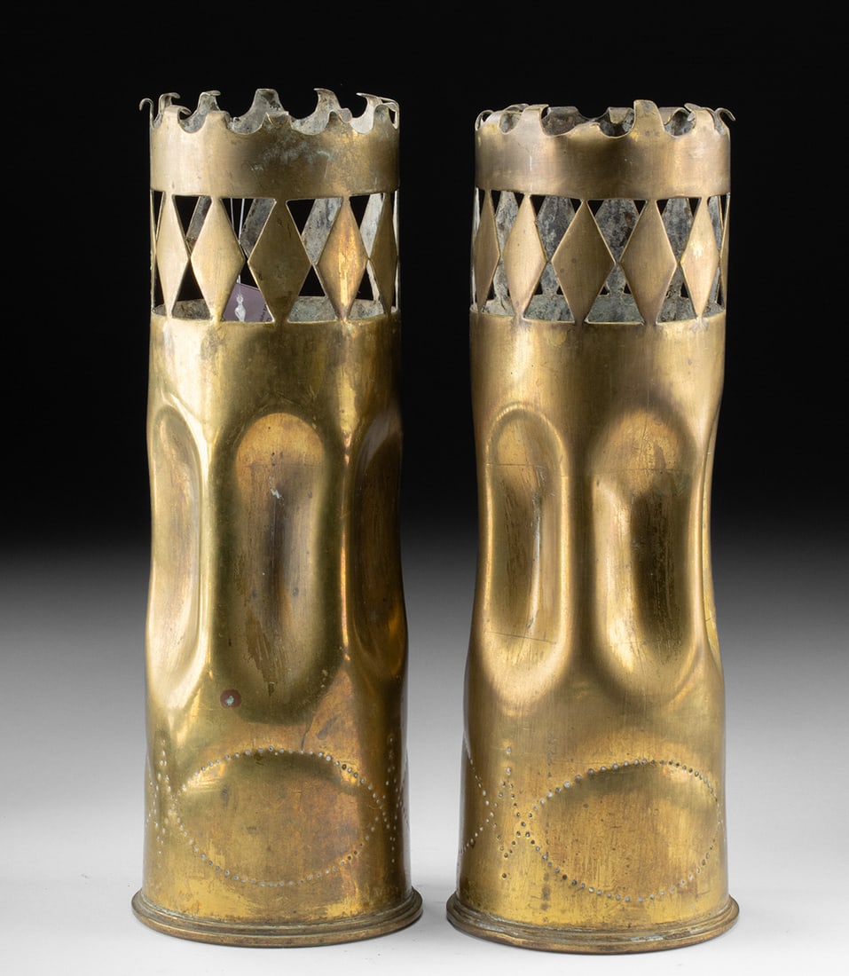 Pair of WWI Trench Art Shell Vases w/ Openwork (1918): Western Europe, France, World War I, ca. 1918 CE. Forged in war and reshaped in quiet moments, this matched pair of WWI trench art vases transforms artillery shells from instruments of destruction int