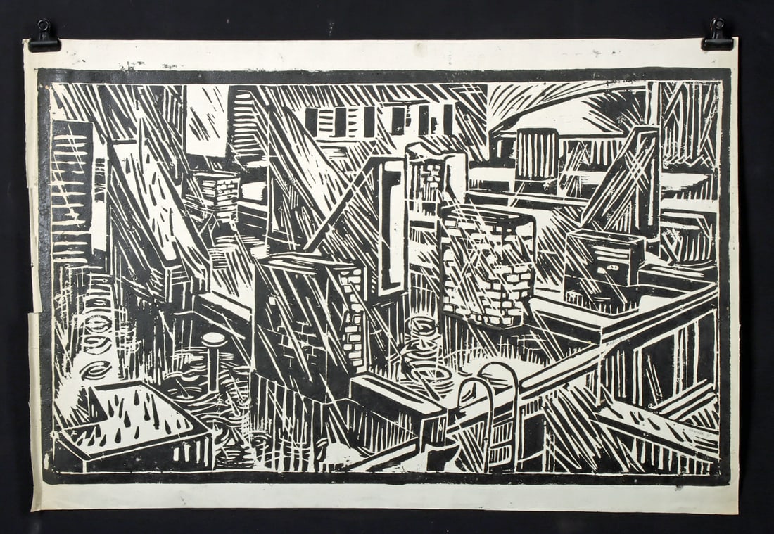 Edith Kramer Woodblock - New York City Rooftops (1947) (1 of 2)