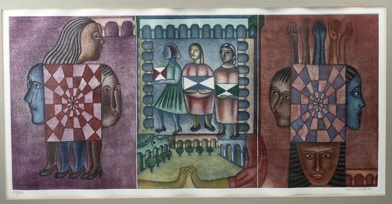 Rodolfo Morales Engraving - Trilogia: Rodolfo Morales (Mexican, 1925-2001). Trilogia. Color lithograph, n.d. Edition 16 of 40. Hand-signed and numbered beneath impression. A theatrical arrangement of figures and architecture unfolds acros