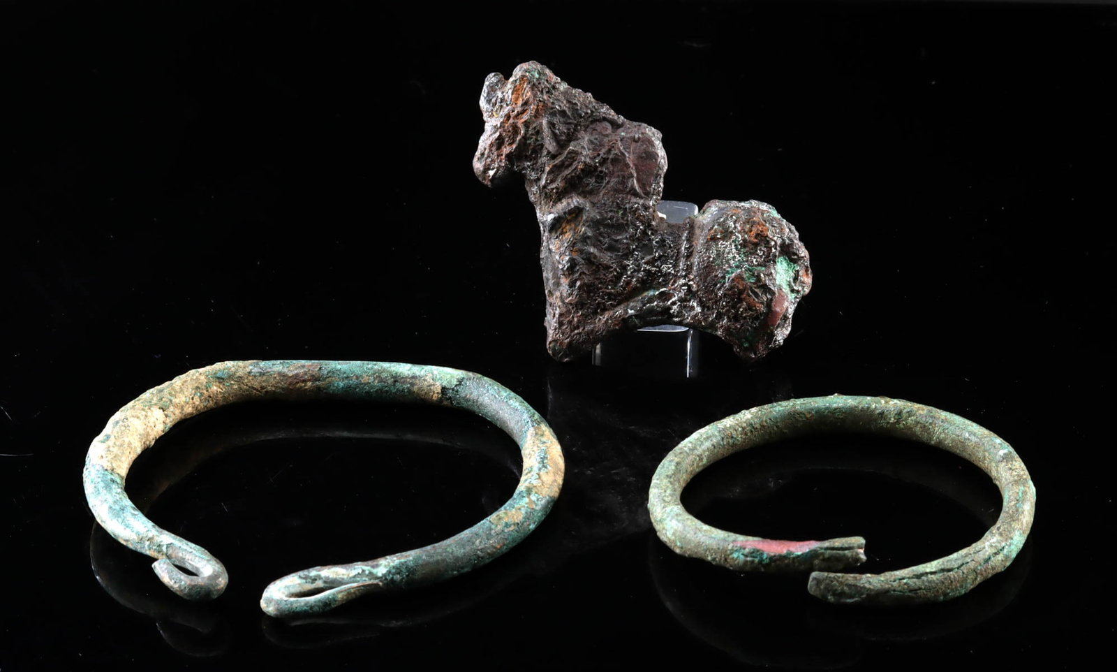 Two Ancient Bronze Age Cuff Bracelets & Horse Figurine (1 of 2)
