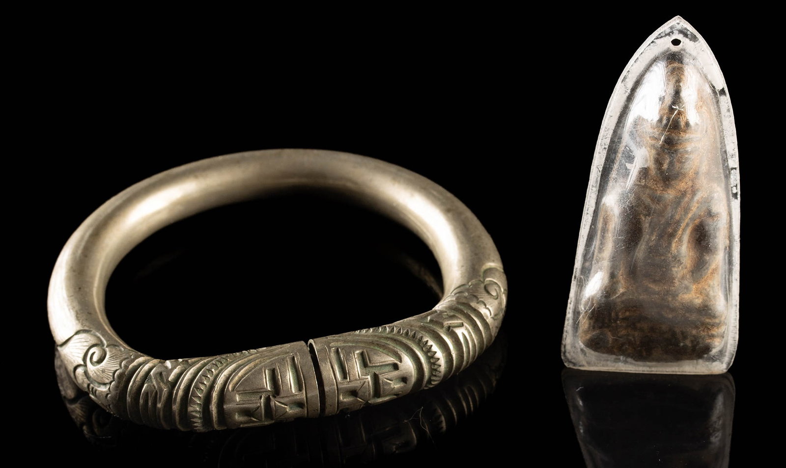 Chinese Brass Bangle Happiness Symbol & Buddha Amulet (1 of 2)