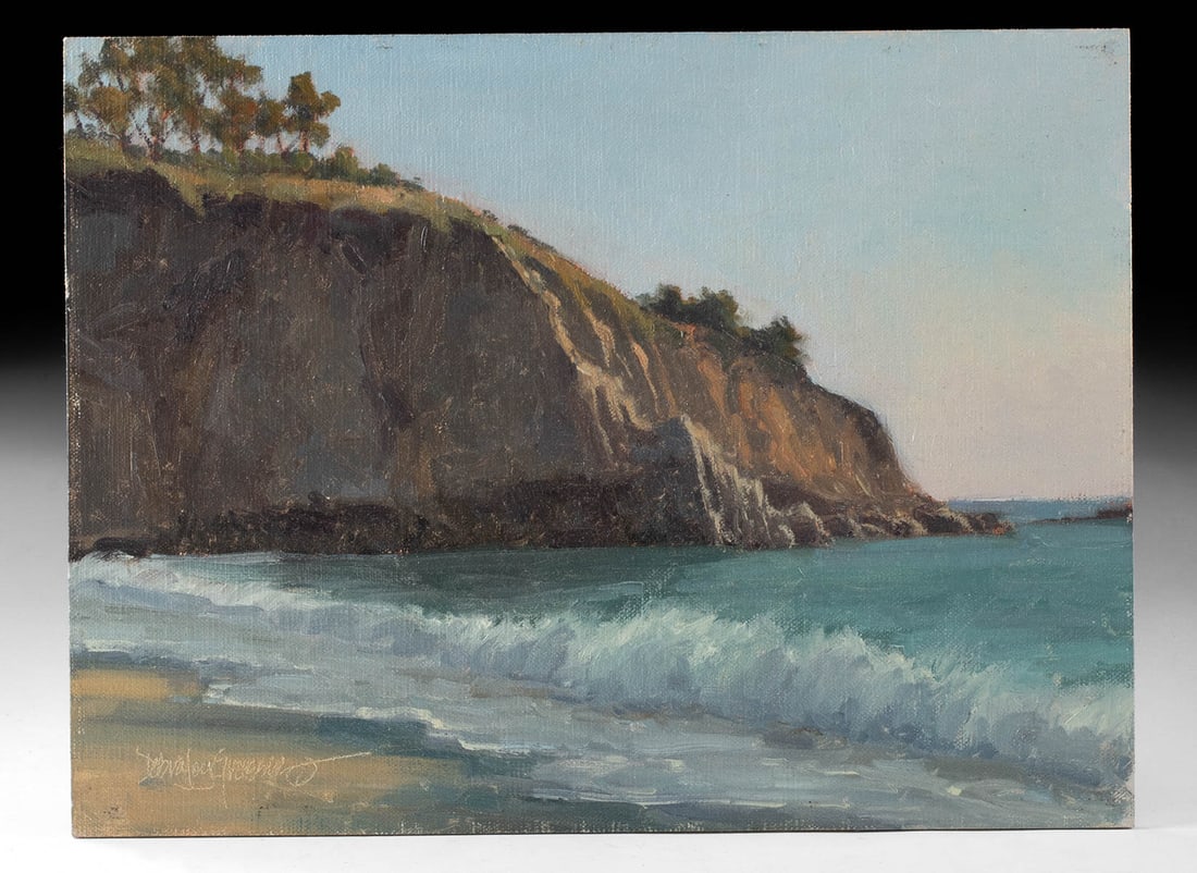 Debra Joy Groesser Painting "El Morro Beach View" 2018: Debra Joy Groesser (American, b. 1950s). "El Morro Beach View" oil on canvas board, 2018. Signed at lower left and again on verso with date and title. A luminous meeting of land and sea, this intimate