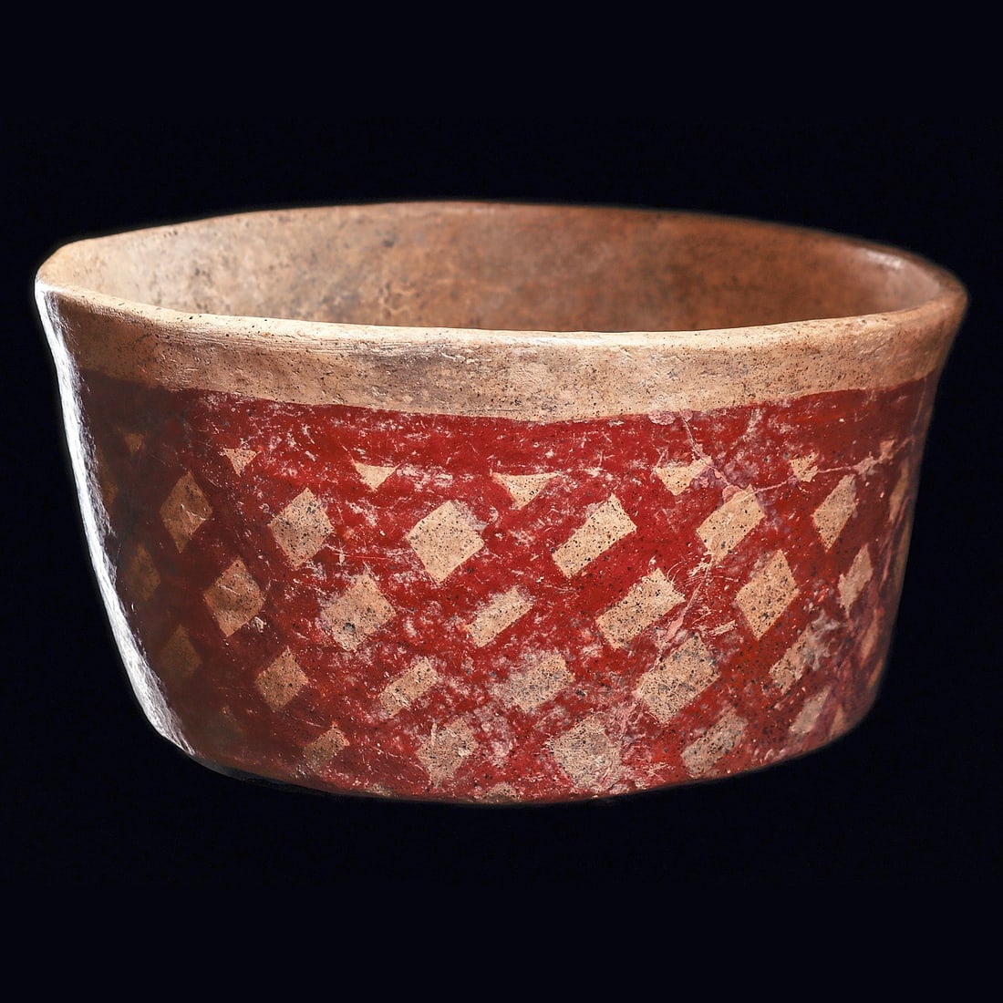 Pre-Classic Olmecoid Bowl - Cream Slip & Red Crosshatch: Olmec regions. Ca. 600 - 400 BCE. Flat bottom pottery bowl having slightly tapered walls. Cream slip ground, with a 3/4 round painted red-brown crosshatched design and three lower solid bands. Size: 4