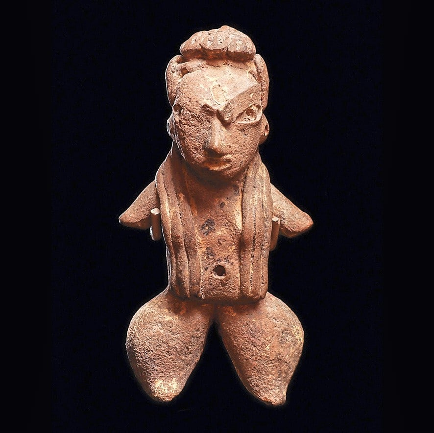 Tlatilco Pretty Lady Figure, Type D-1: Tlatilco. Ca. 1100 - 550 BCE. Fine, small nude female figure showing pregnancy and heavy legs. Her long hair hangs down in finely stranded rivulets hiding her naked breasts. Each tress is demurely tuc
