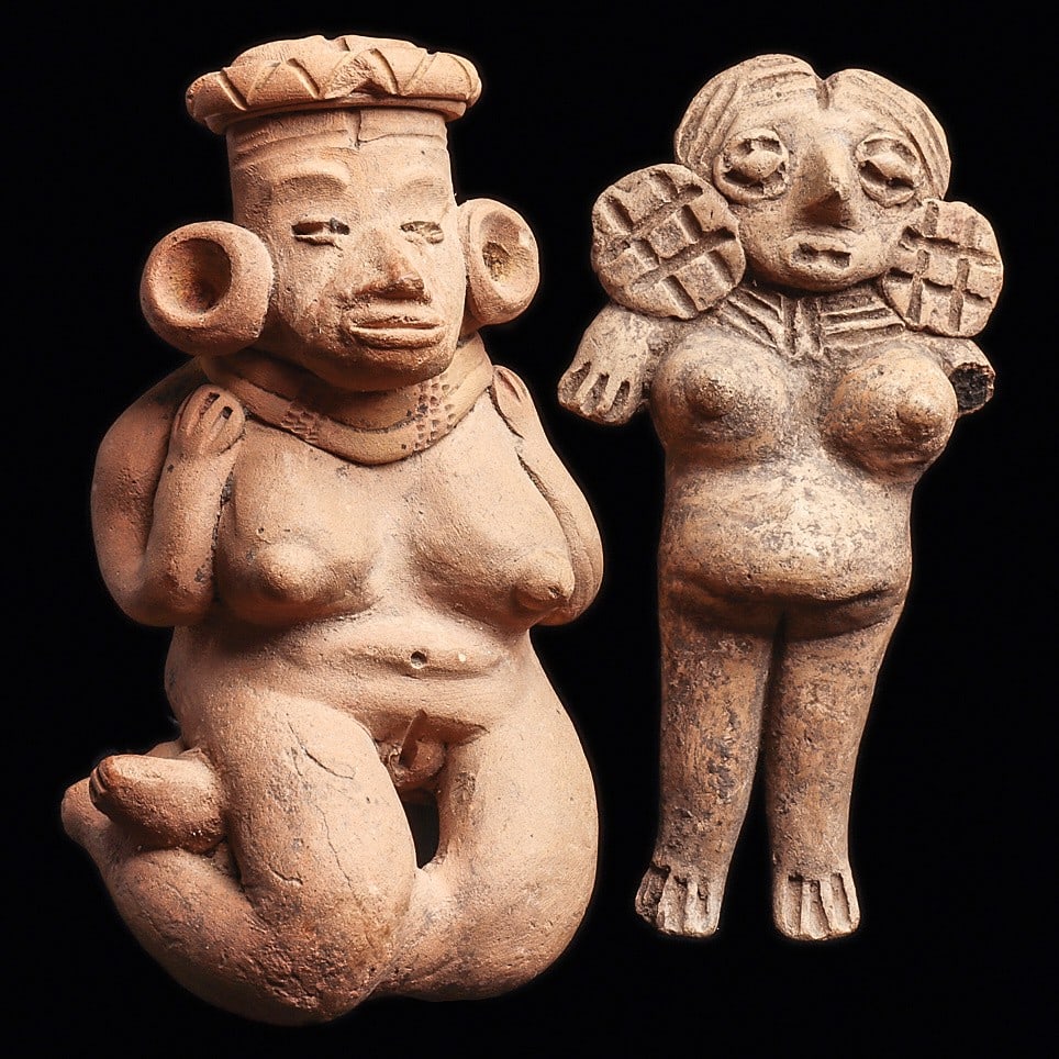 Michoacan Pottery Female Figures, Standing & Reclining (pr): Michoacan. Ca. 400 BCE. Two different solid pottery examples, including a standing female figure with very large breasts, wearing very large disc ear ornaments. Missing her left arm. Together with a r