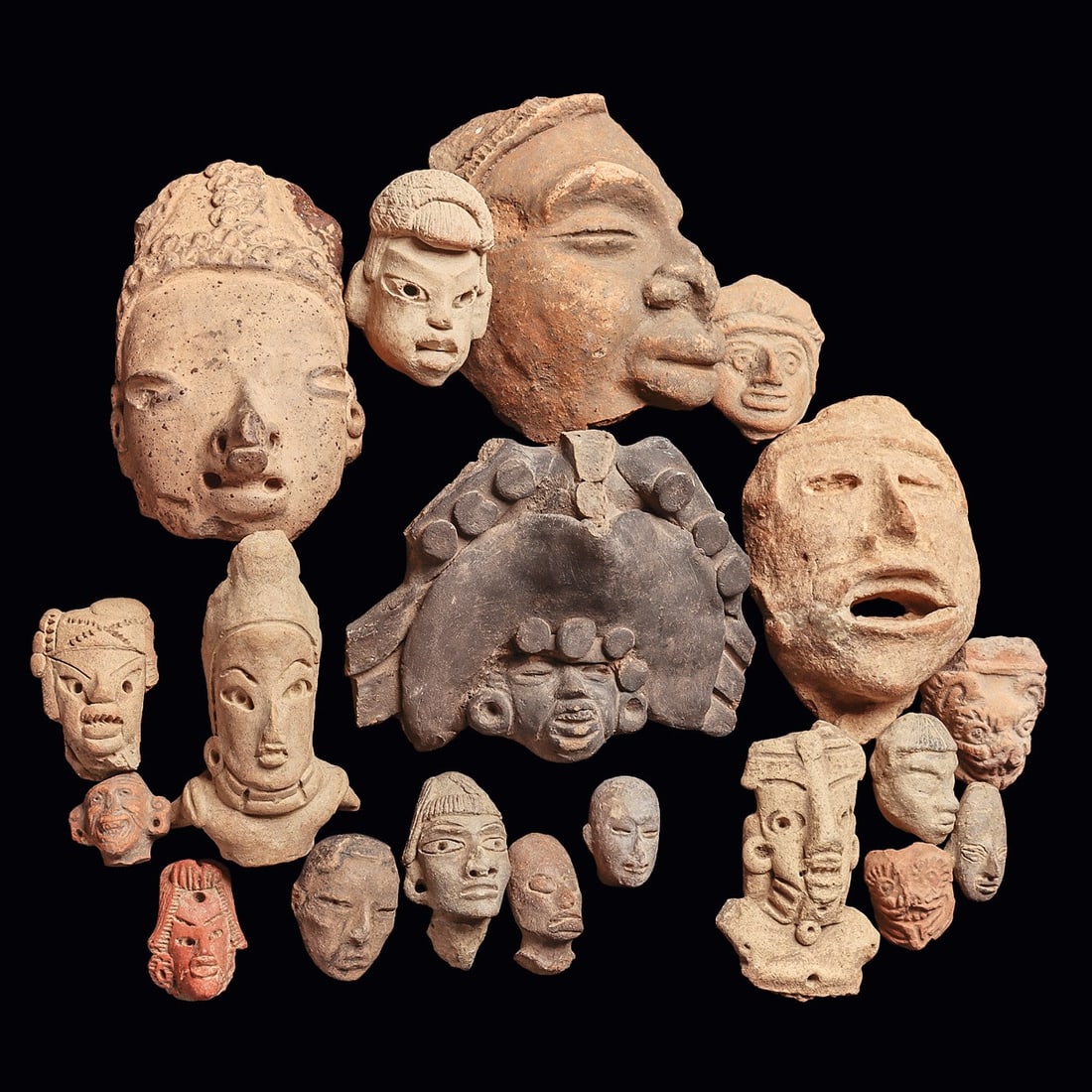 Preclassic Pottery Head Collection 18 Examples + Tlatilco Janiform: Preclassic regions. Ca. 500 BCE - 500 CE. Various pottery heads and busts, all originally from figures, including a fine and very rare Tlatilco preclassic janiform head, having a fancy hairdo, express