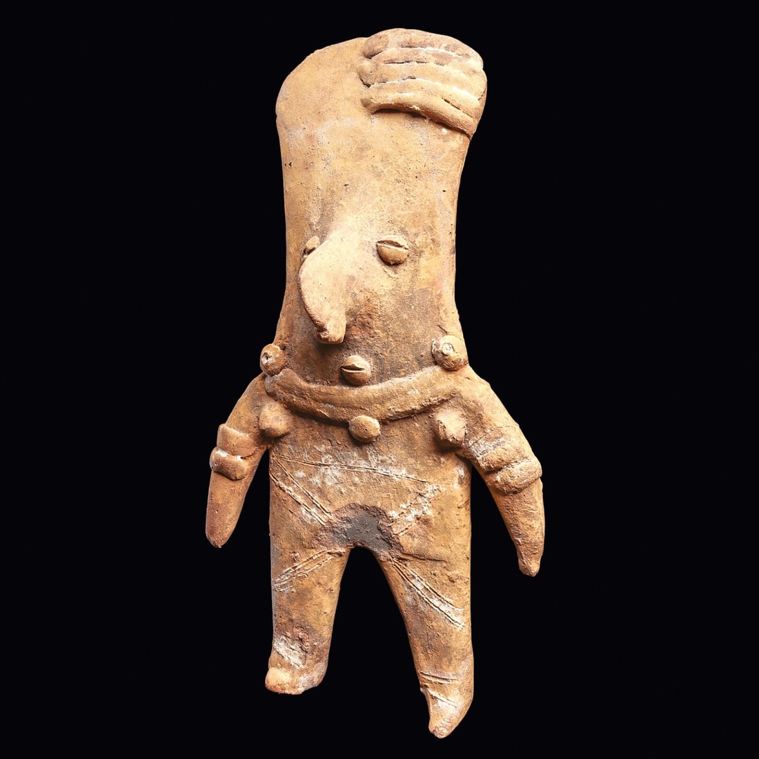 Archaic Colima Gingerbread Figure: Colima. Ca. 100 BCE. Solid pottery tall standing figure, arms held away for her sides, elongated head, large angular nose with a nose ring, five applied bands on the left side of her head. Wearing a p