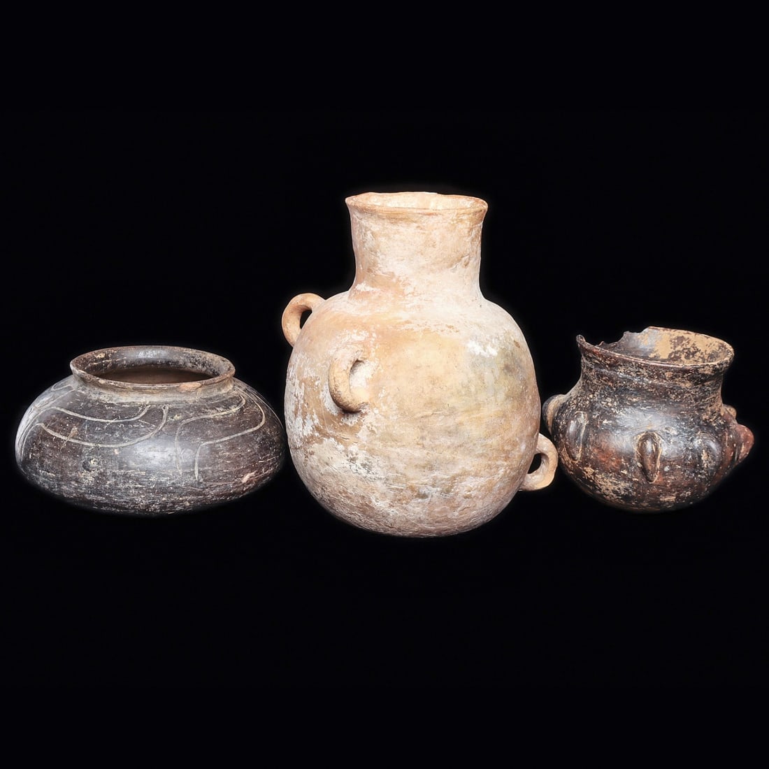 3 West Mexican Pottery Vessels, incl. Blackware Serpent Tongue Bowl (1 of 3)