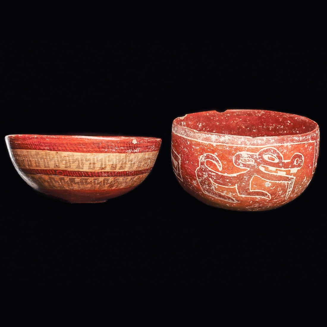 Jalisco & Teotihuacan Decorated Bowls (2): Jalisco & Teotihuacan. Ca. 100 BCE - 250 CE & 400 - 600 CE. Two different decorated pottery bowls, including a Jalisco bowl decorated on the exterior with two bands of black on tan geometric stepped e