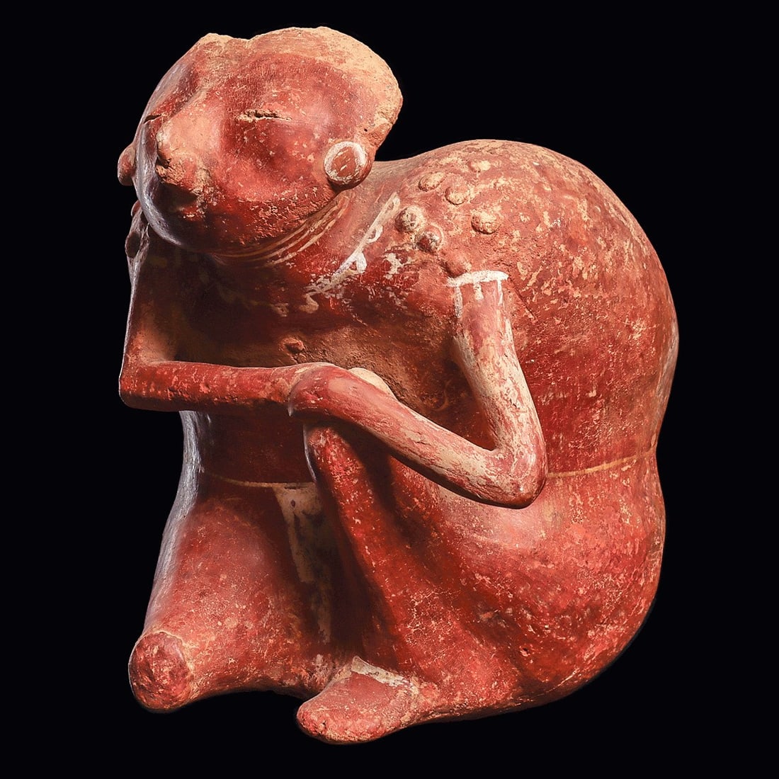 Chinesco Redware Seated Figure: Nayarit. Ca. 100 BCE - 250 CE. Red-orange painted pottery stylized seated female figure, resting both hands on her raised left knee, bulbous double lobed back, spindly arms. Wearing a simple nose ring