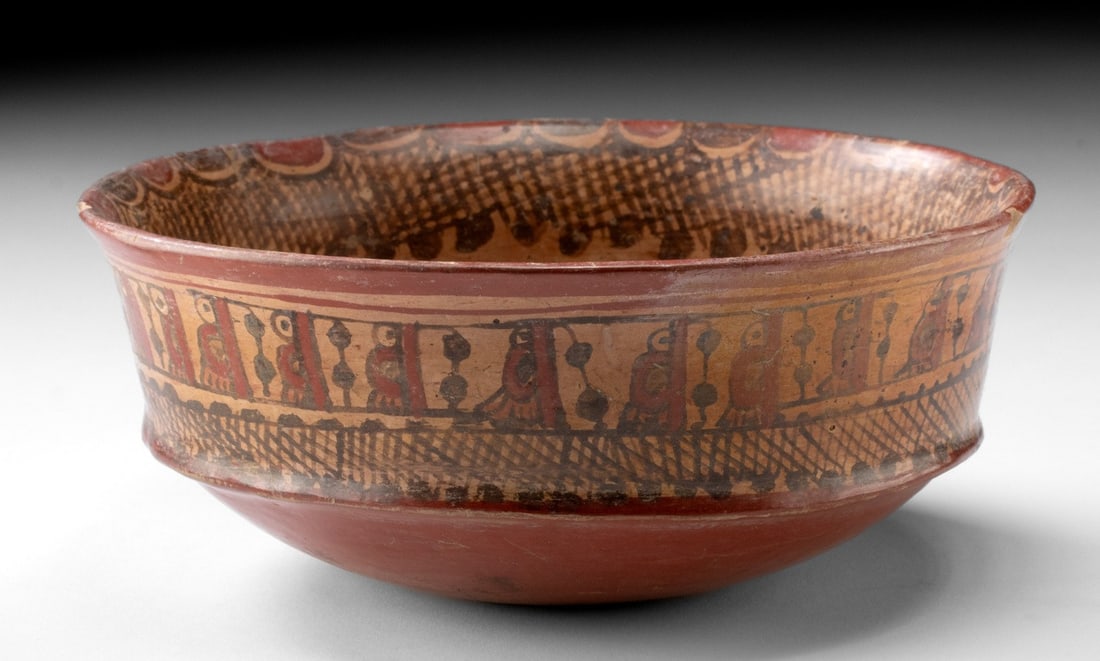 Maya Copador Pottery Bowl - Turkeys, Red Slip, Lattice Border (1 of 5)