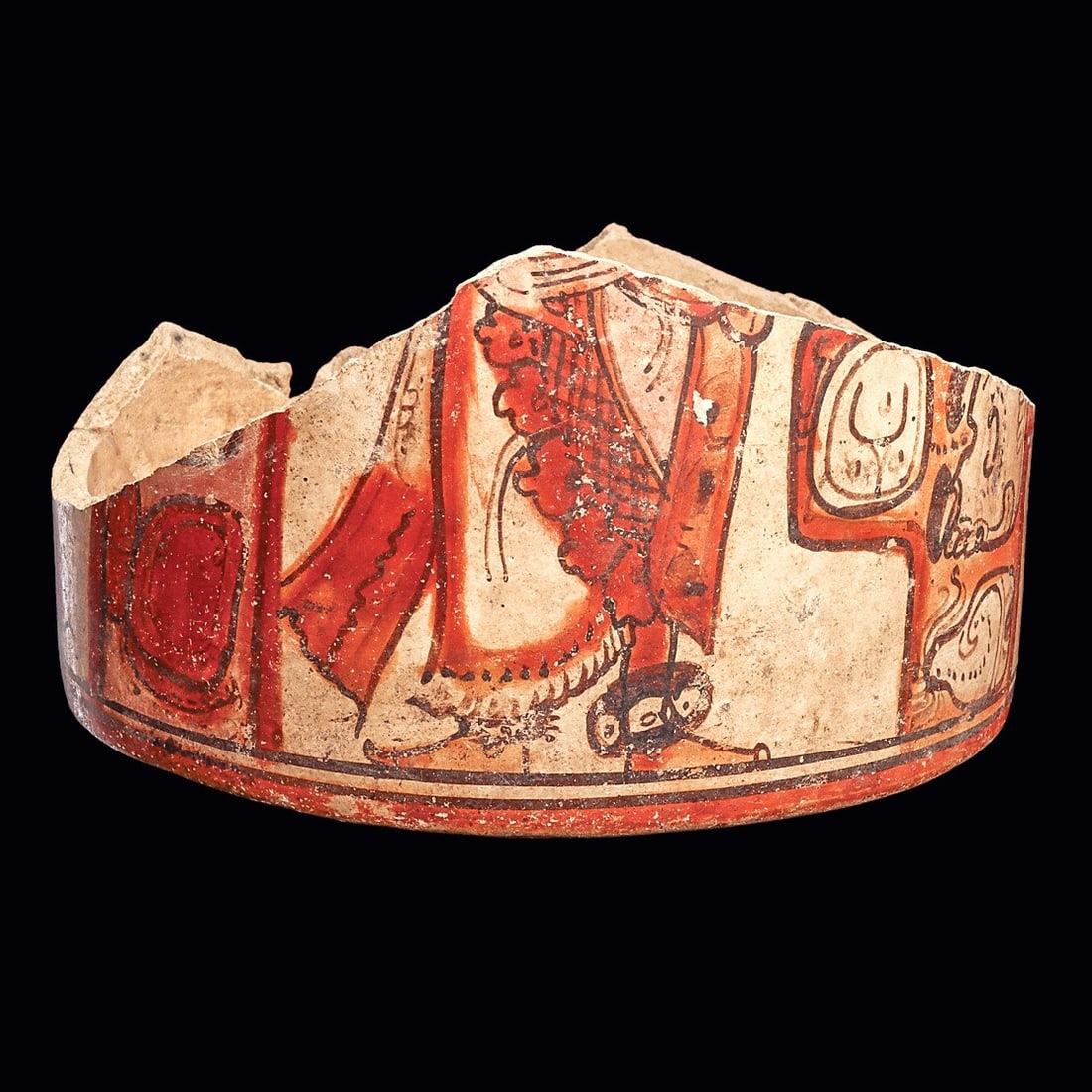 Maya Polychrome Decorated Vase Fragment: Maya regions. Ca. 500 - 800 CE. Fineline polychrome decorated pottery base section from a cylinder vase. Beautifully painted with the feet of four different standing dignitary’s feet, wearing di
