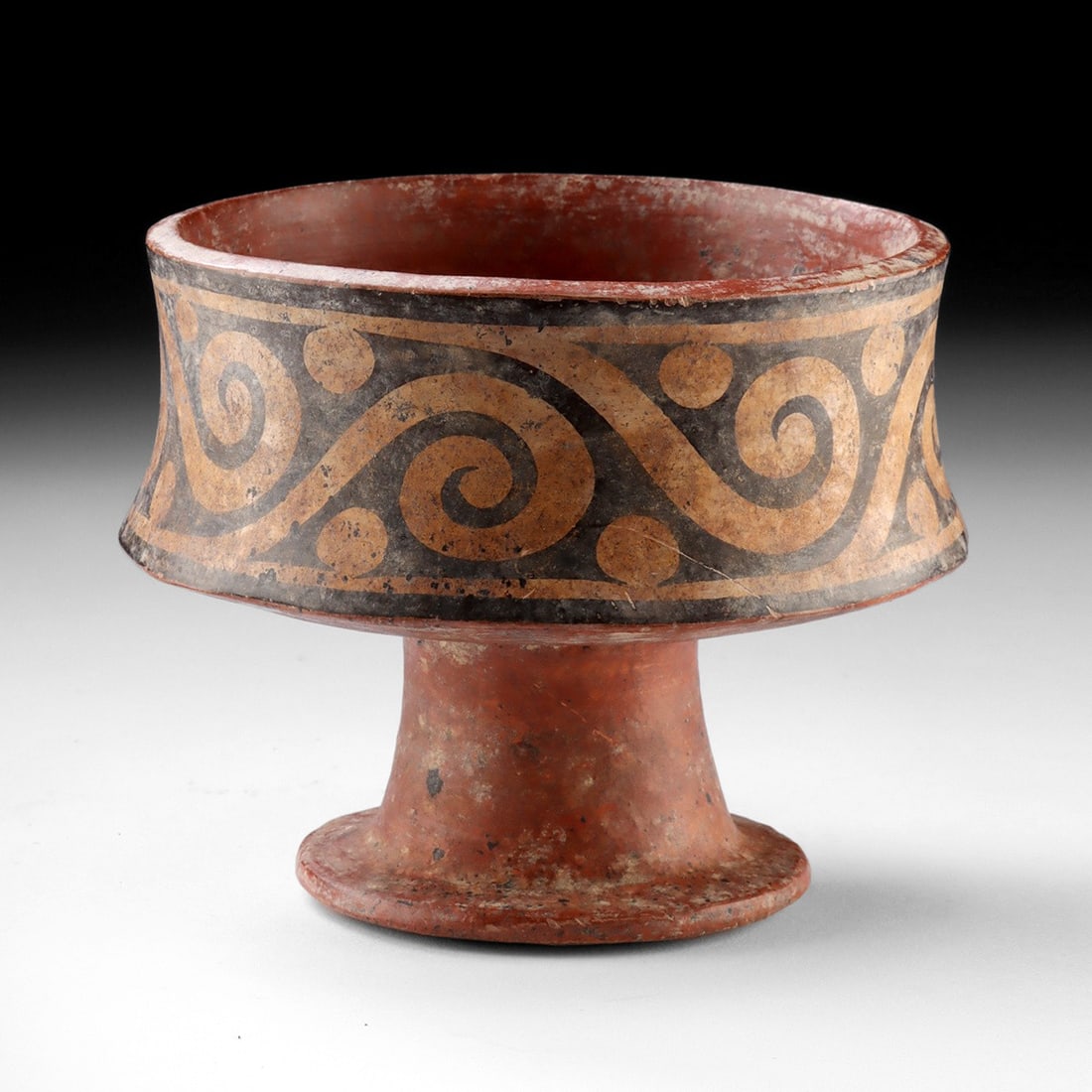 Panamanian Gran Cocle Pedestal Vessel - Rare Form: Central Panamá, Gran Coclé, Late Ceramic Period, ca. 700 to 1000 CE. A handsome pedestal bowl of fine orange terracotta, its gently flaring walls rising from a tall, splayed foot and encircl