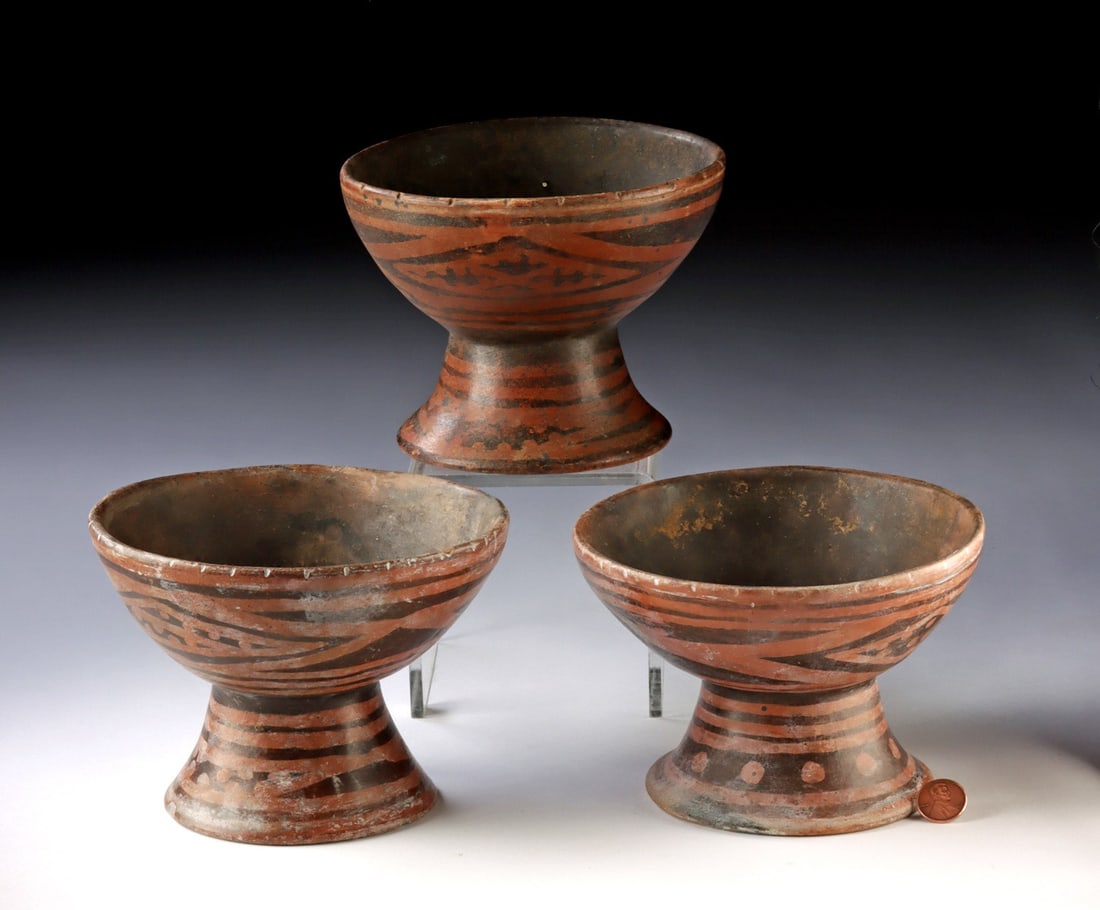 3 Narino Pottery Pedestal Bowls, Negative Resist (1 of 2)