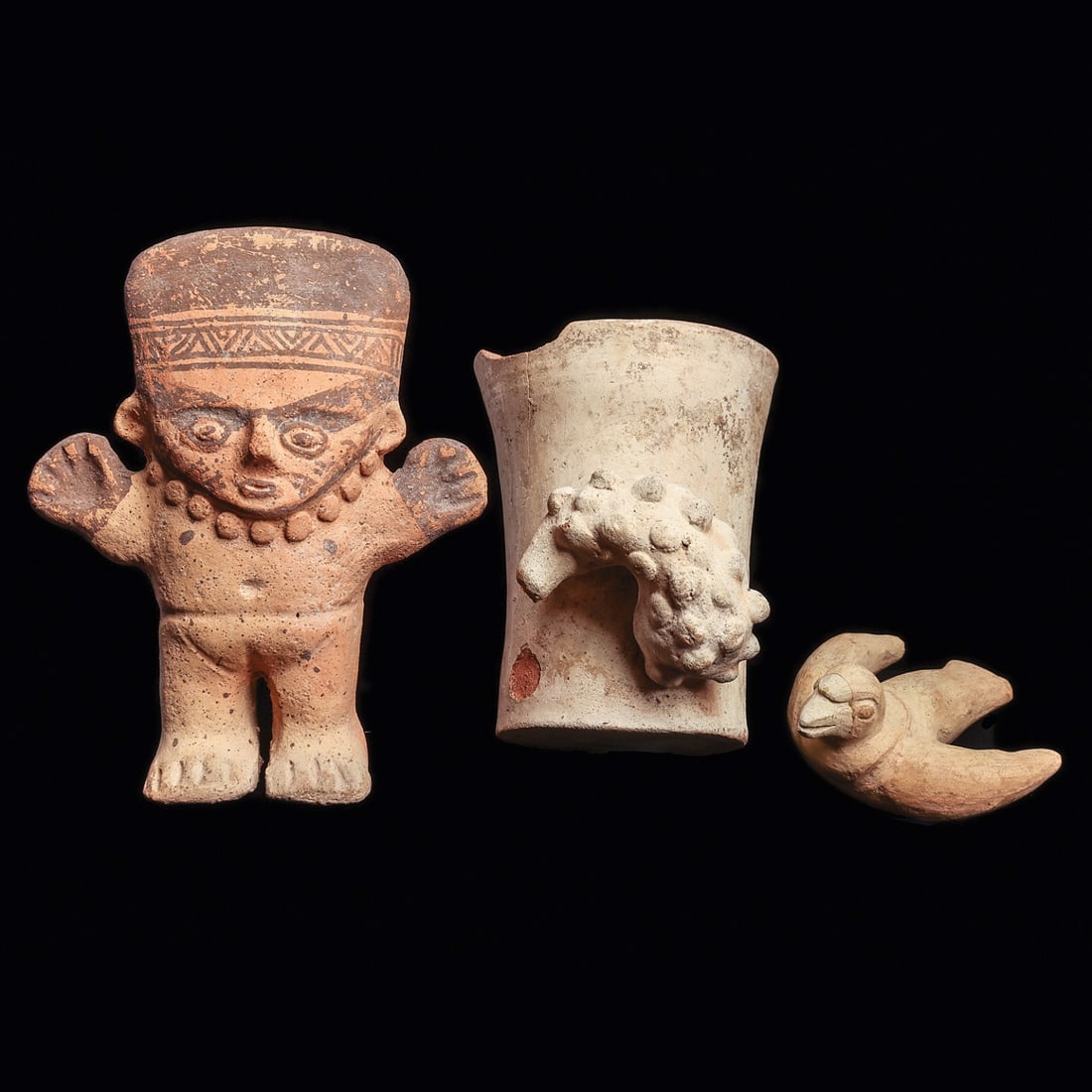Chancay Group - Female Figure, Gourd Kero & Bird Whistle (3): Chancay. Ca. 1000 - 1250 CE. Three different pottery examples, including a hollow molded pottery standing female figure, arms raised, and wearing a beaded necklace, painted geometric headband, facial 