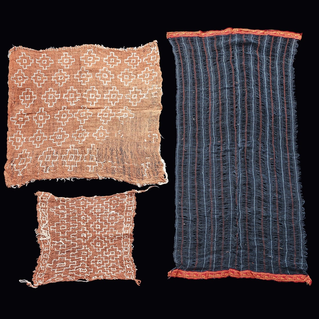 Chancay Gauze Textiles - Blue Gold Wave, 2 Tan Crosses (1 of 4)