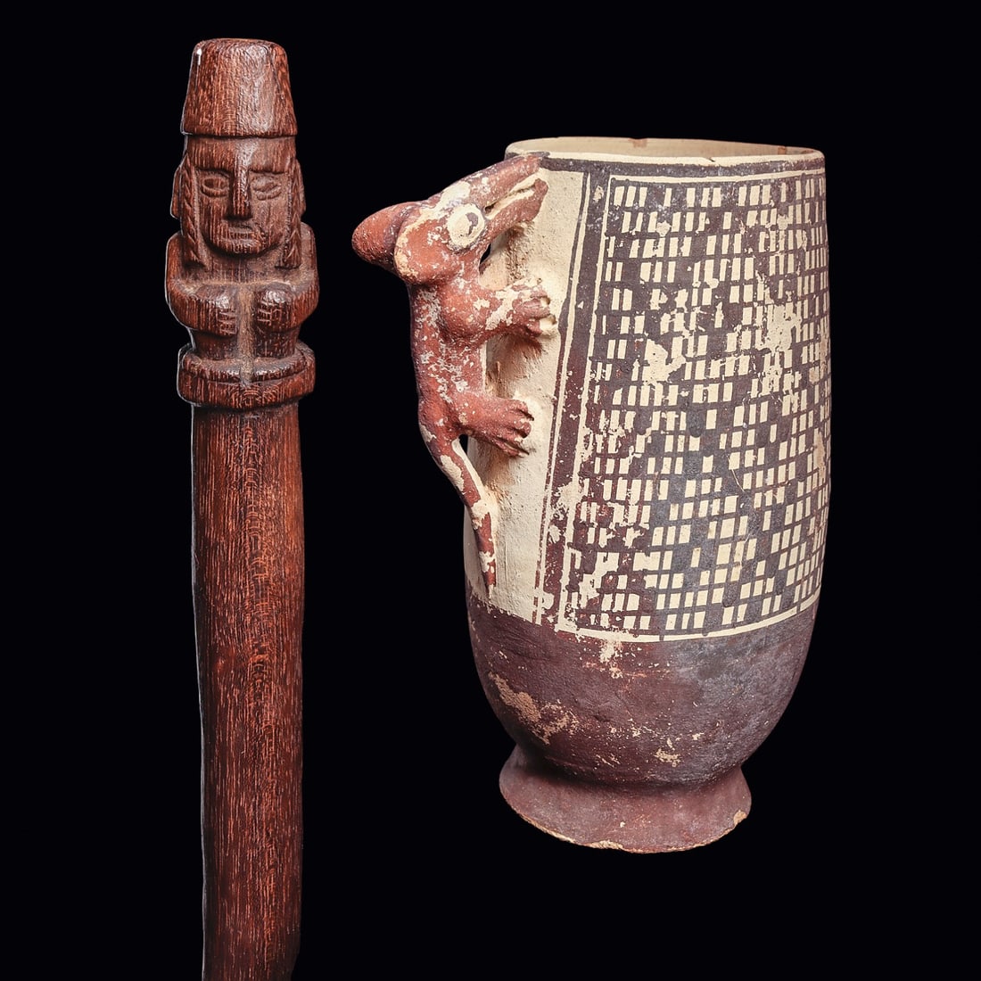 Wari/Inca Wooden Staff & Chancay Fox Vessel (2): Chancay & Inca Empire. Ca. 1000 - 1425. Including a Chancay pottery vessel depicting a fox clinging to one side, and decorated with a large net pattern register and a register of alternating linear an