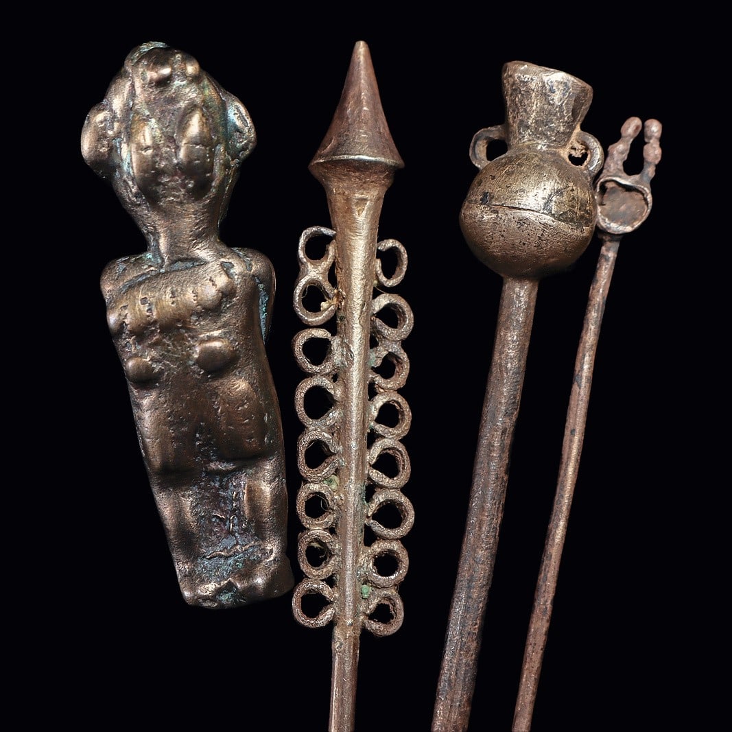 Three Inca Silver Tupus + Silver Votive Figure (4 pcs) (1 of 4)