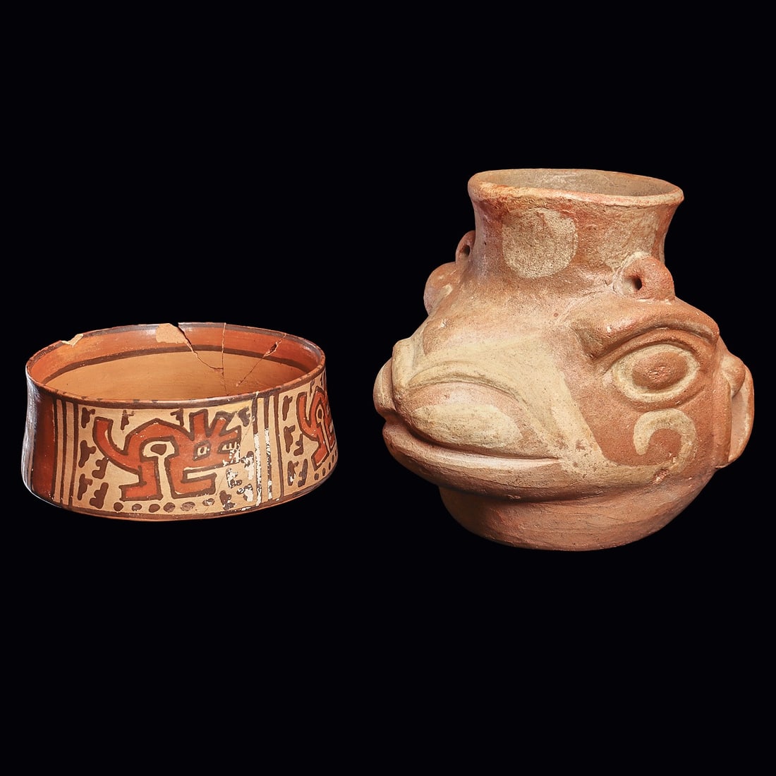 Nazca-Wari Bowl & Wari Llama Head Vessel (2): Wari. Ca. 500 - 800 CE. Two different pottery examples, including a Nazca-Wari bowl decorated on the exterior with a polychrome painted depiction of four stylized fox and linear and geometric elements
