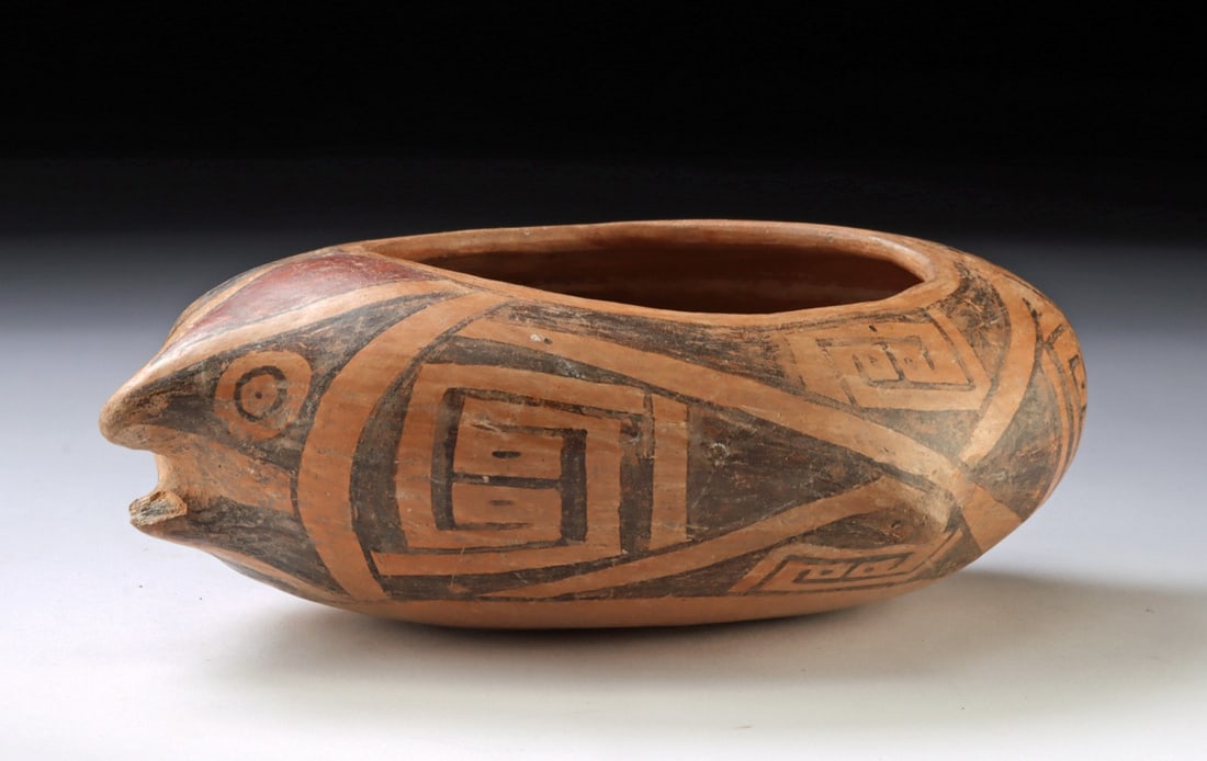 Casas Grandes Polychrome Fish-Form Vessel: Pre-Columbian, Northern Mexico, Chihuahua, Casas Grandes, (Paquime), ca. 1130 to 1450 CE. Rare form, pottery vessel in the form of what we believe is a fish, but could be some other form of zoomorphic