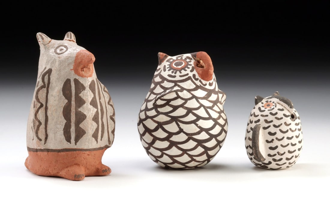 3 Pueblo Pottery Owl Figures - Santa Ana, Zuni, & Acoma: North America, southwest United States, New Mexico, Santa Ana, Acoma, and Zuni, ca. 20th century CE. A charming and highly collectible lot of three 20th century Southwestern Native American pottery ow
