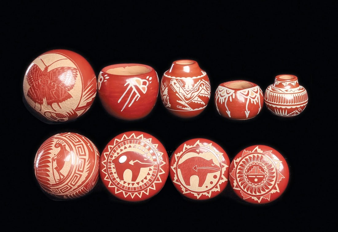 Group of Decorated Miniature Vessels (9): Southwestern USA. 20th century. Group of nine various miniature pottery examples including two seed pots by Grace Medicine Flower from 1979. Both are round in shape and are fully polished. One example