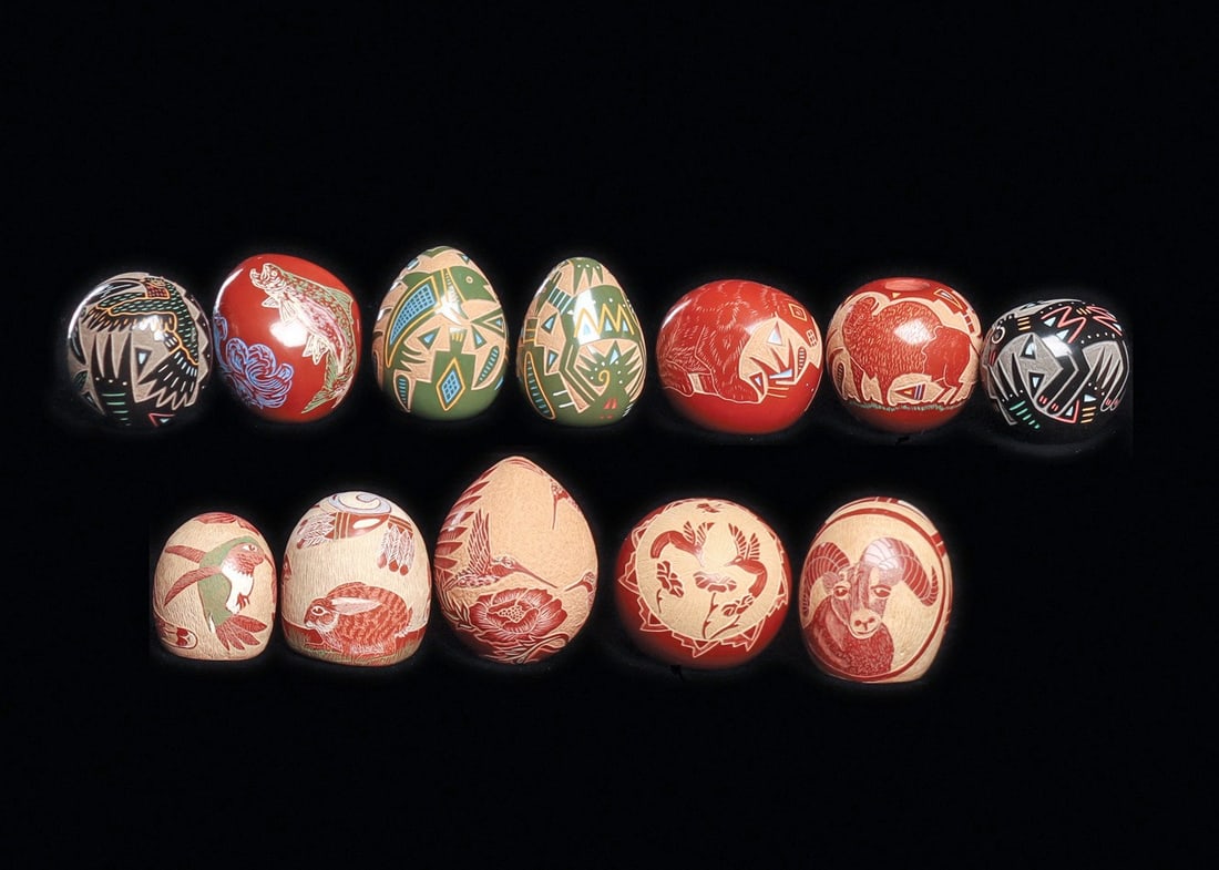 Group of Twelve Decorated Miniatures (12): Southwestern USA. 20th century. Group of twelve various decorated pottery examples including six different egg shape pieces, all signed with SCP initials, Gren Tafoya? Artist not certain. All are inta