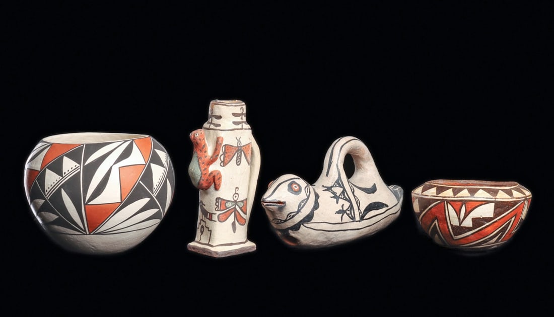 4 Acoma & Hopi - Bird Effigy, Frog Candlestick & Geometric Bowls (1 of 2)