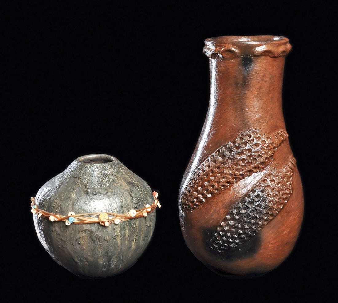 Les Namingha Vase & Faye B. Tso (2): Zuni-Tewa-Hopi. Southwestern USA. 20th century. A black metallic glazed pottery vase having a gut string tied beaded decoration. Signed on the base: “Les Namingha”. Les Namingha (b.1967) i