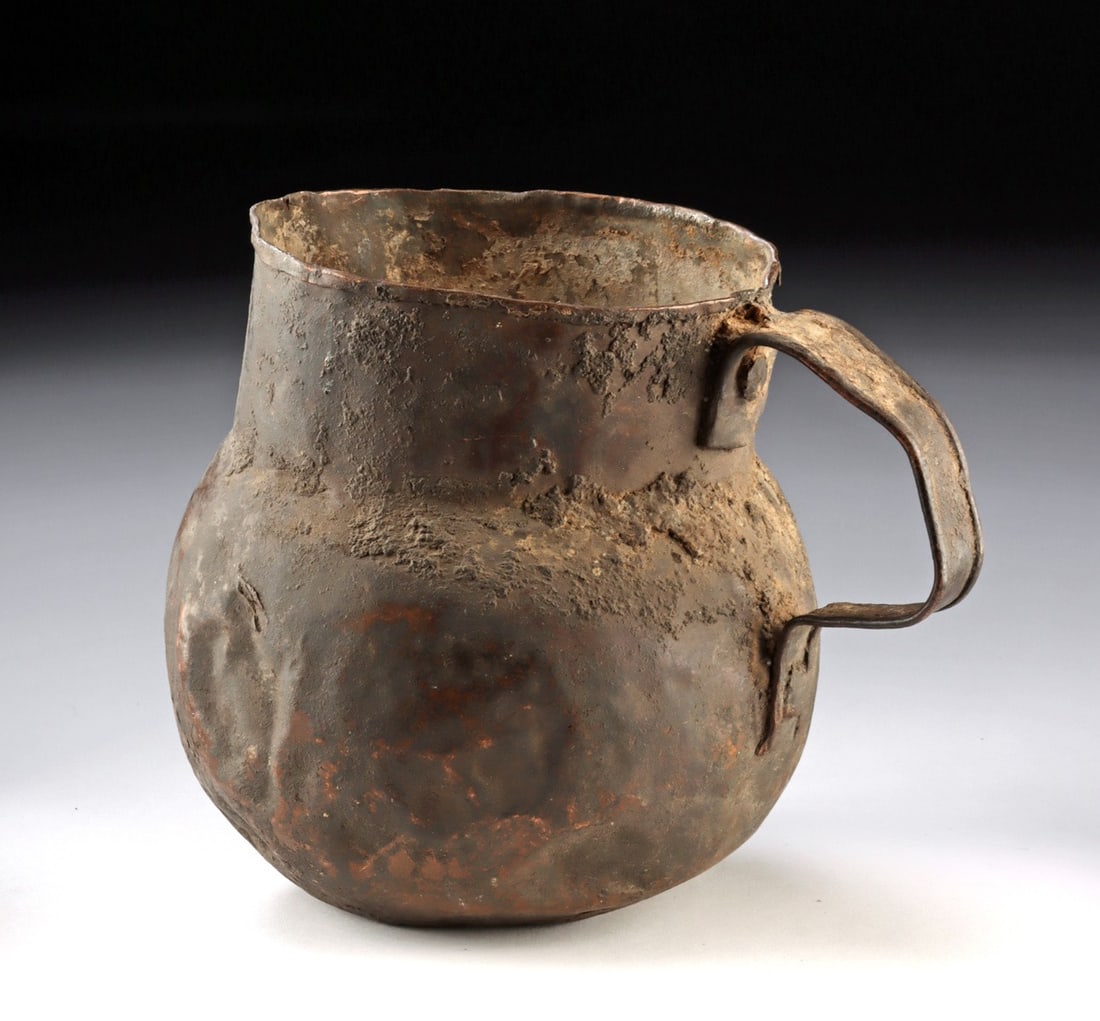 16th C. Spanish Colonial Copper Jug, Hispaniola, Early Exploration: Caribbean Sea, Hispaniola, early Spanish Colonial period, ca. 16th to early 17th century. Remarkable early exploration period copper jug of a type you would normally find in Spanish ship wrecks. Hamme
