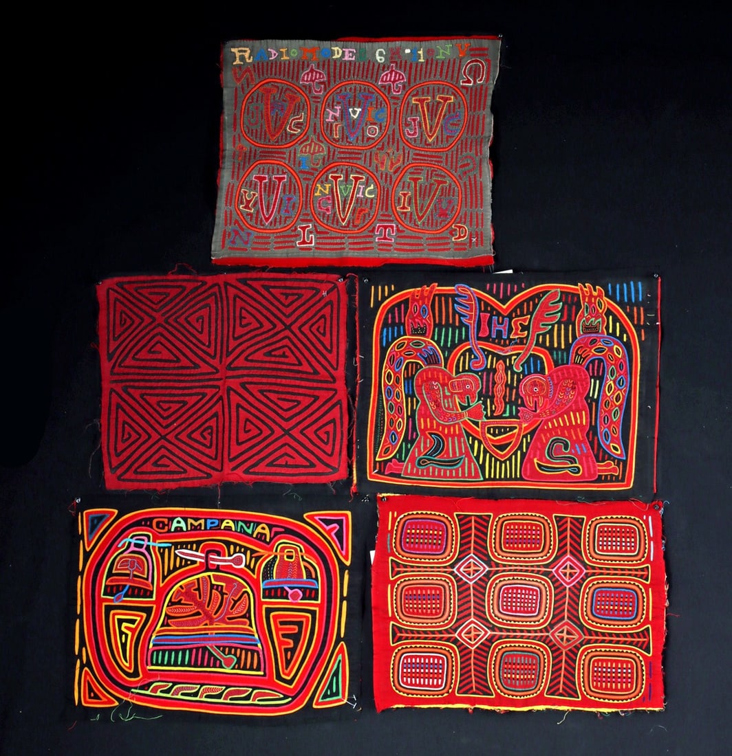 5 Panamanian Mola Panels: Central America, Panama, Kuna (Guna) people, ca. mid-20th century CE. A vivid group of five mola panels showcasing the celebrated reverse applique tradition of the Kuna women of Panama's San Blas arch