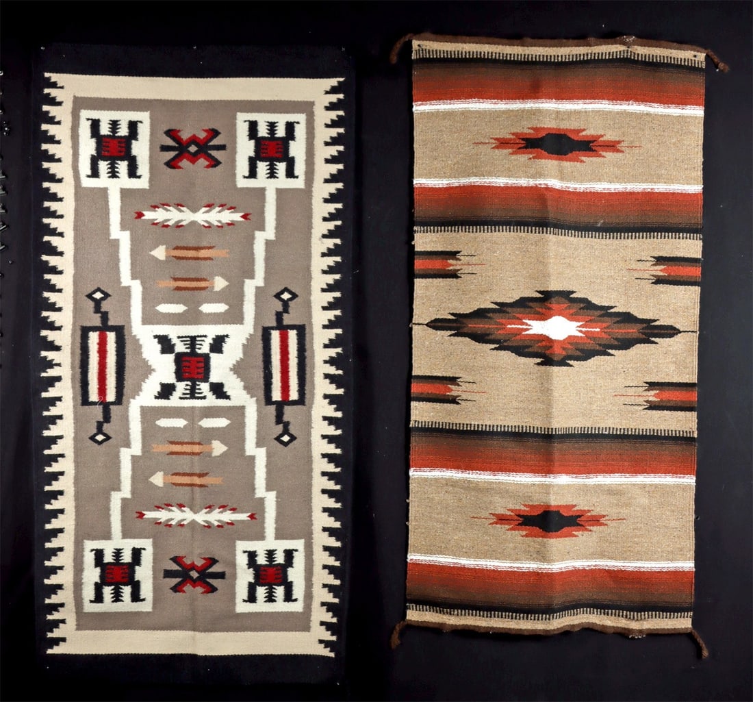 Pair of Vintage Mexican Saltillo Revival Weavings: Latin America, Mexico, ca. 1950 to 1970 CE. A pair of Mexican wool weavings produced in the Saltillo revival tradition, each interpreting Navajo design vocabularies for the mid-century Southwestern ma