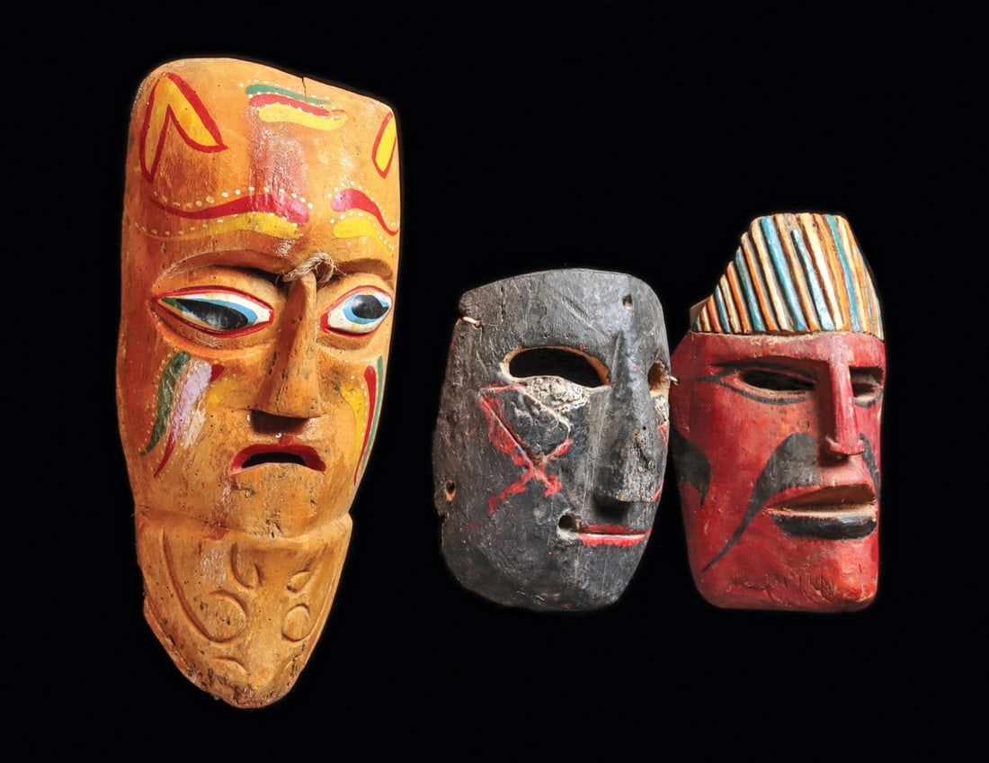 Mexican Dance Festival Masks (3): Early to mid 20th century. All are carved of lightweight wood and painted. Two largest with bright colors, smallest in black with red and white detailing. All have cut-out eye holes. All have some cra