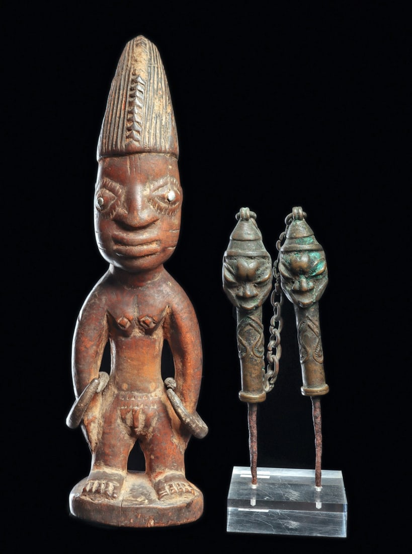 Yoruba Ere Ibeji and Edan (3): Nigeria. Brass alloy edan staffs to be worn by Ogboni society, attached by a chain link connected at top of a conical cap, the faces are well cast with double crescents on forehead, and an abstract ma
