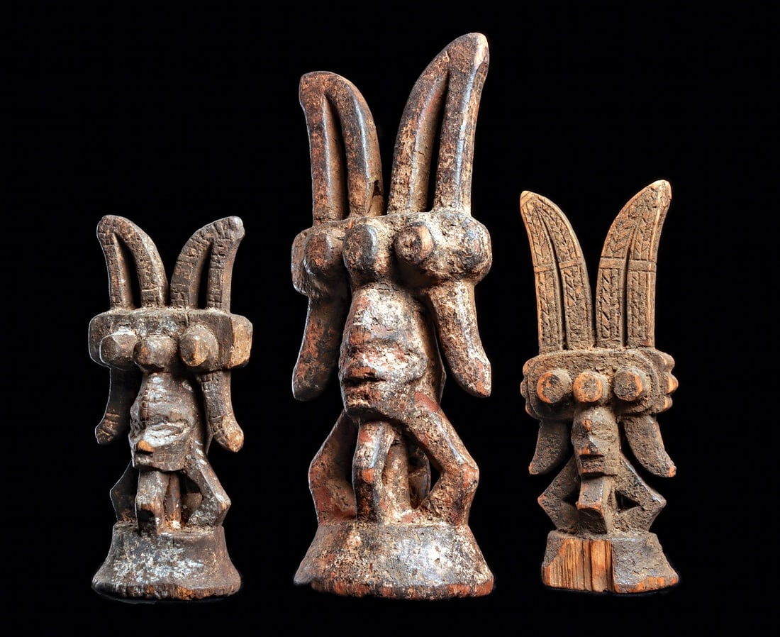 Ikenga Power Figures (3): Nigeria.Carved of lightweight wood, these three small personal ikengas for an altar, represent a man’s life force, of abstract form typical of the southwestern region, Ahoada or Ikwerri group. E