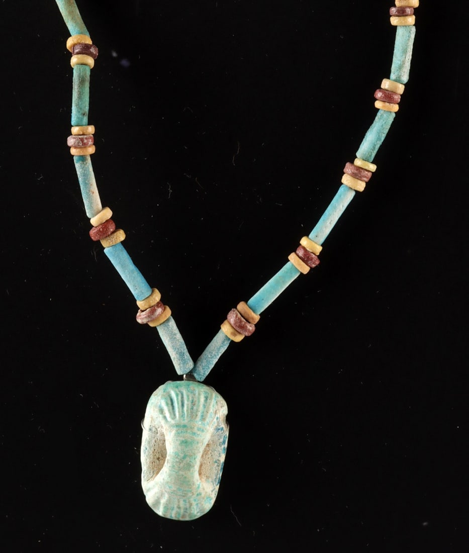 Egyptian Faience Bead Necklace w/ Button Scarab Amulet (1 of 3)