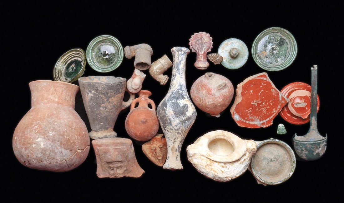 Ancient Stone Vessel, Various Glass Bases, Pottery Vessels & Bronze Ladle Lot (22) (1 of 6)