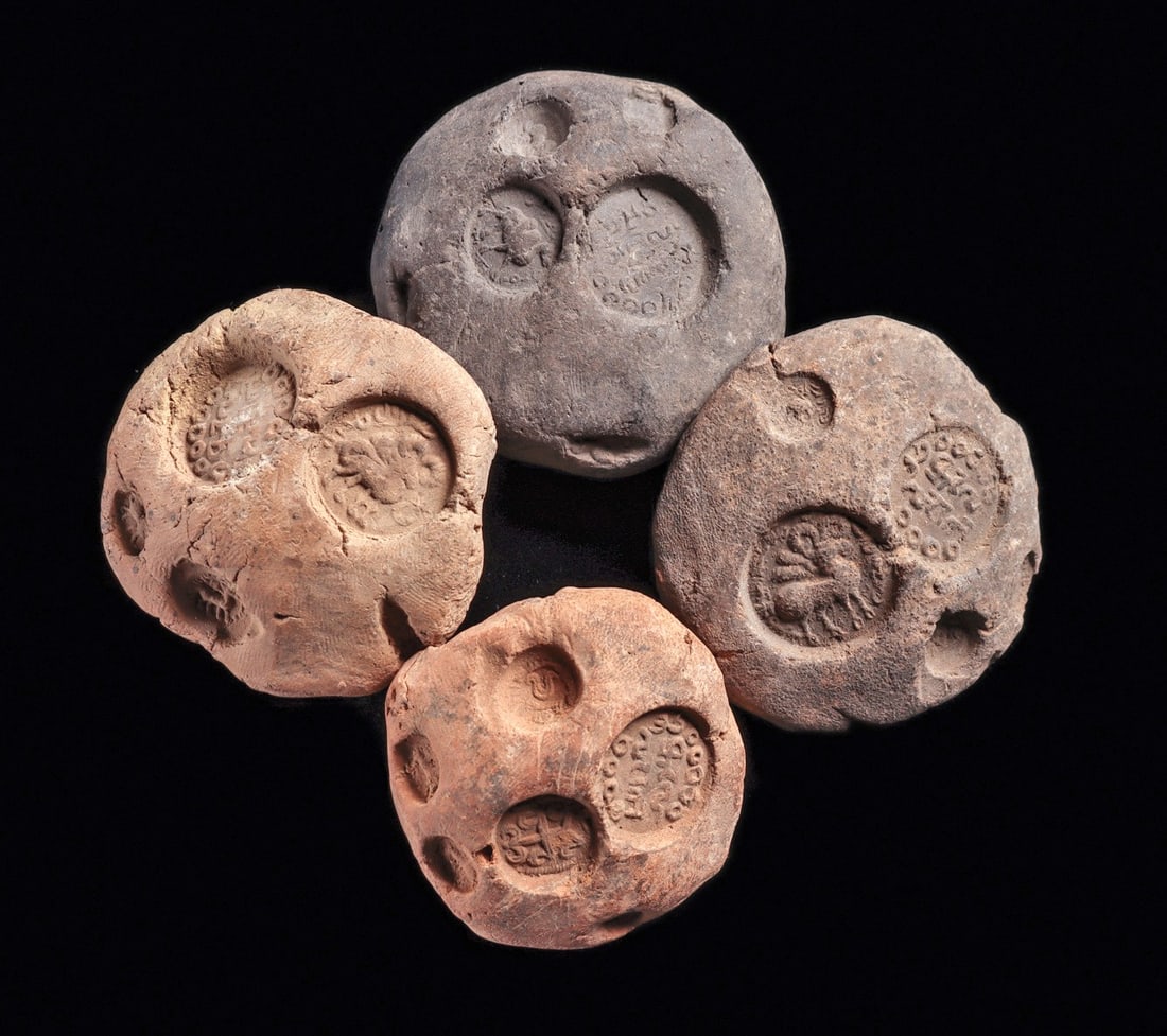 Sasanian Bullae with Impressions of Animals & Inscriptions (4): Sasanian Empire. Western Asia. Ca. 5th - 6th century CE. Four different pottery bullae, each originally attached to a document or merchant bundle, all having various impressions, including one with a 