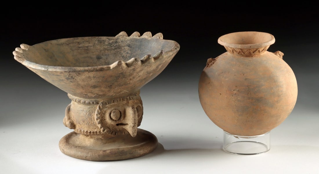 Costa Rican Nicoya Rattle Dish + Chiriqui Vessel: Pre-Columbian, Central America, Costa Rica, Greater Nicoya and Gran Chiriqui cultures, ca. 1000 to 1400 CE. A fine pair of pottery vessels from two distinct but neighboring cultural spheres of ancient