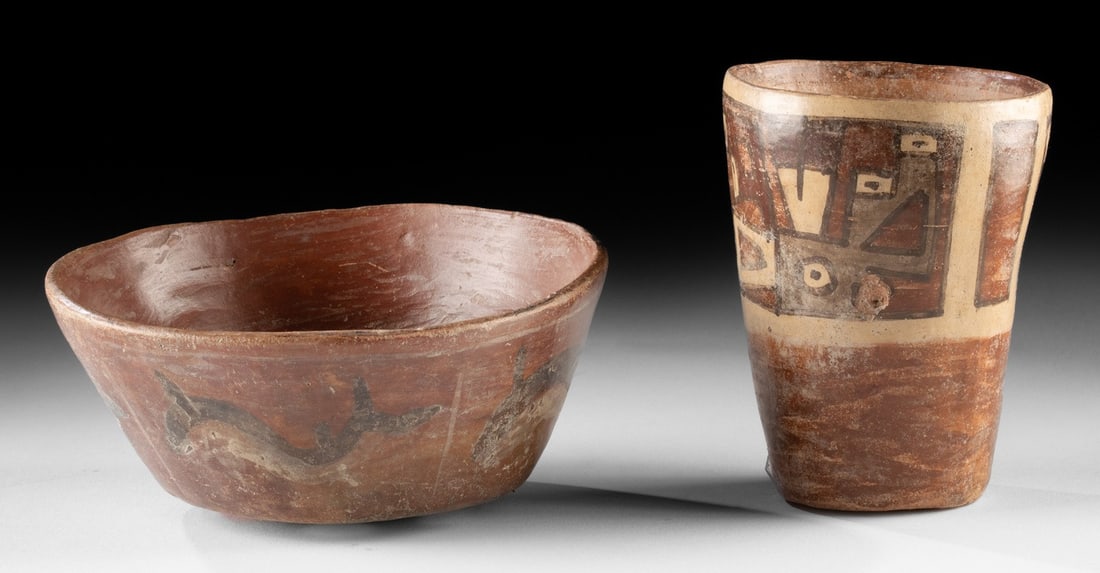 Nazca Pottery Bowl & Huari Kero, ex-Museum: Pre-Columbian, South Coast Peru, Nazca culture, ca. 200 to 600 CE; Central Highlands Peru, Huari (Wari) culture, ca. 700 to 1000 CE. A fine pairing of two distinct yet culturally resonant ceramic vess