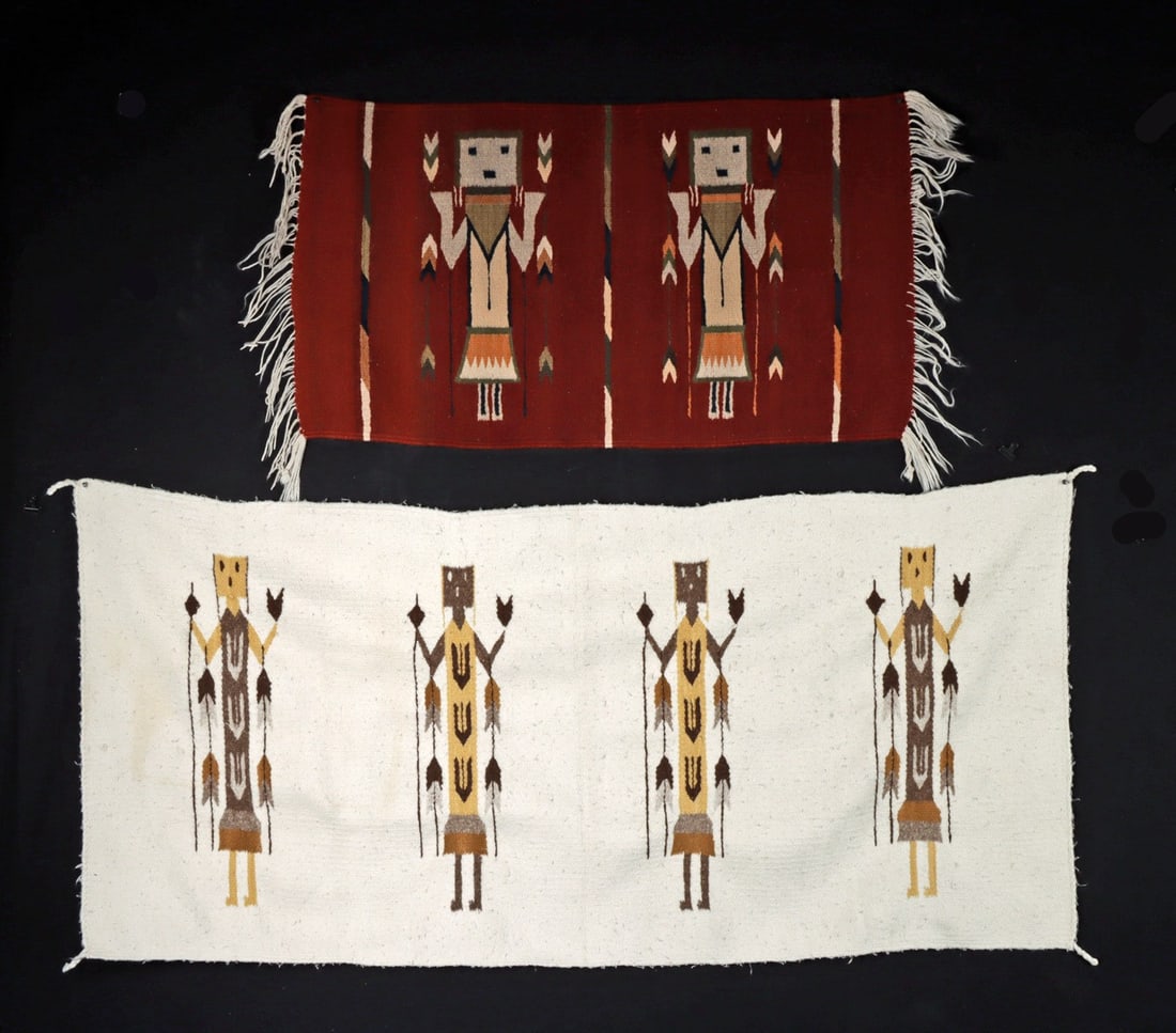 Navajo & Mexican Woven Wool Yei Rugs, Two: Native American, Southwestern United States, Navajo (Dine), ca. late 20th century CE; Mexico, ca. late 20th century CE. A pair of handwoven wool rugs depicting stylized Yei figures, each reflecting di