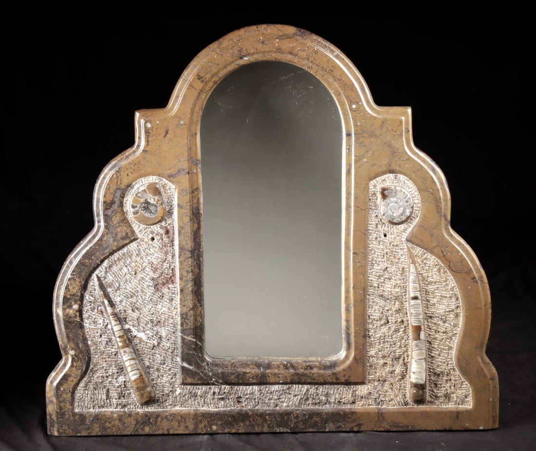 Mirror in Fossil Orthoceras Shell Slab (1 of 2)