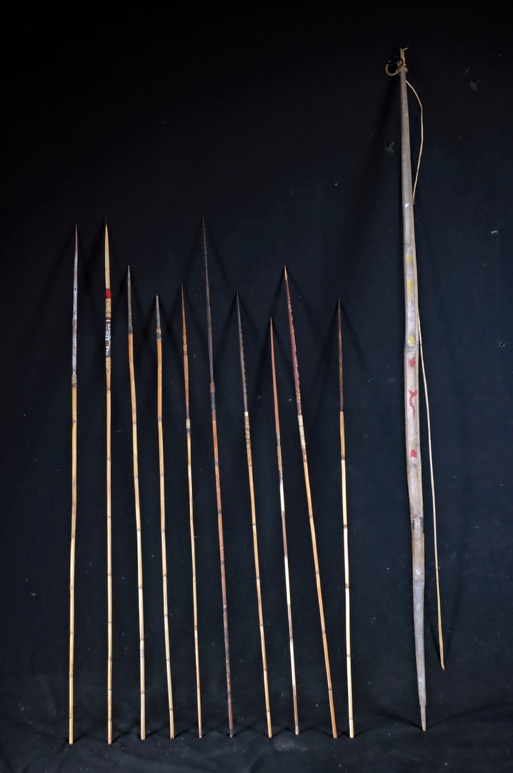 Papua New Guinea Wood & Rattan Bow & 10 Arrows (1 of 2)