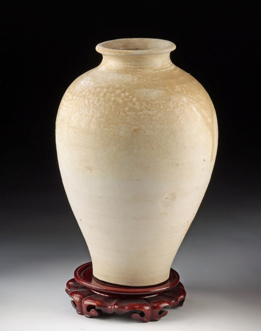 11th C. Song Dynasty White-Glazed Meiping: East Asia, China, Northern Song to Jin Dynasty, ca. late 11th to 13th century CE. A stoneware meiping of classic proportions, its broad ovoid shoulder tapering to a narrow waist and small everted mout
