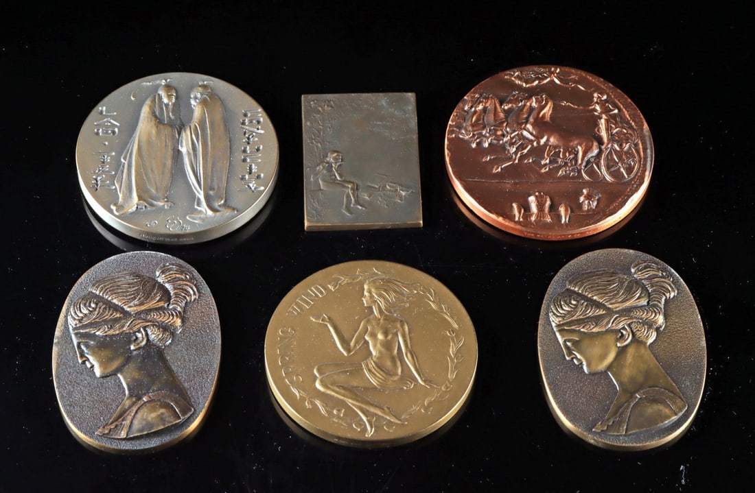 6 Bronze Art Medals and Syntex Memorette: Six medals: (1) Stanley Bleifeld (American, 1924-2011). "Chinese Philosophers" bronze medal, Fall 1974. Signed and dated near lower edge of obverse and on periphery; (2) Laszlo Ispanky (Hungarian-born