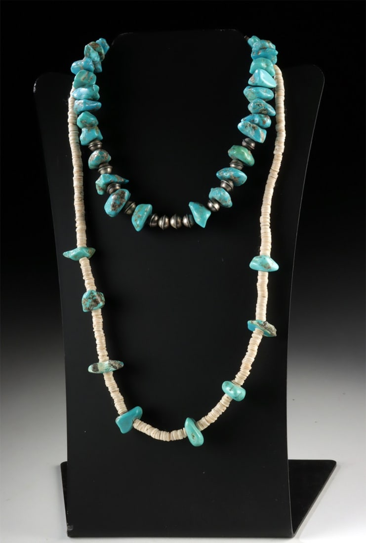 Two Native American Pueblo & Navajo Turquoise Necklaces: Native American, Southwestern United States, Zuni Pueblo & Navajo (Dine), ca. mid to late 20th century CE. Native American, Southwestern United States, Zuni Pueblo & Navajo (Dine), ca. mid to late 20t