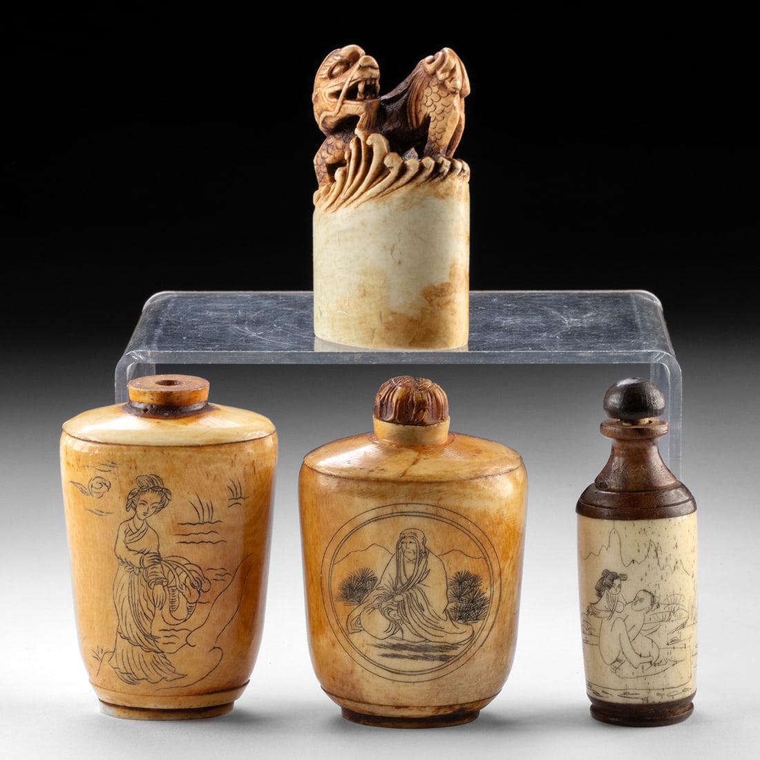 3 Chinese Bone Snuff Jars & Carved Stone Seal: East Asia, China, Qing Dynasty to Republic era, ca. 19th to 20th century CE. A small and varied collection comprising four snuff bottles crafted from bone, elephant ivory, and wood, as well as a carve