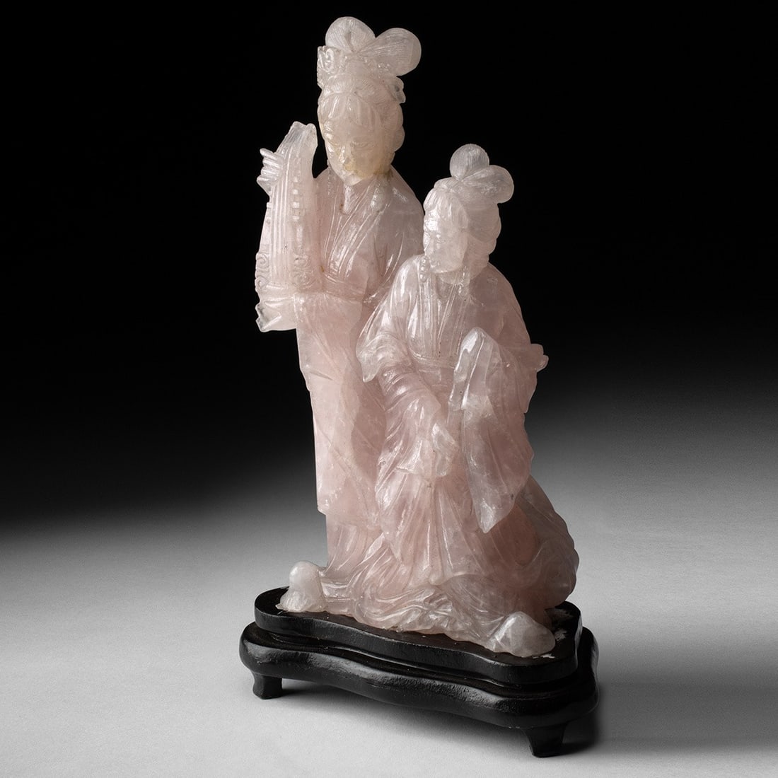 19th C. Chinese Rose Quartz Courtesan Group: East Asia, China, Qing Dynasty, ca. 19th century CE. A rose quartz carving of two female courtesans rendered from a single pale blush-pink stone, its natural translucency lending the figures an inner 