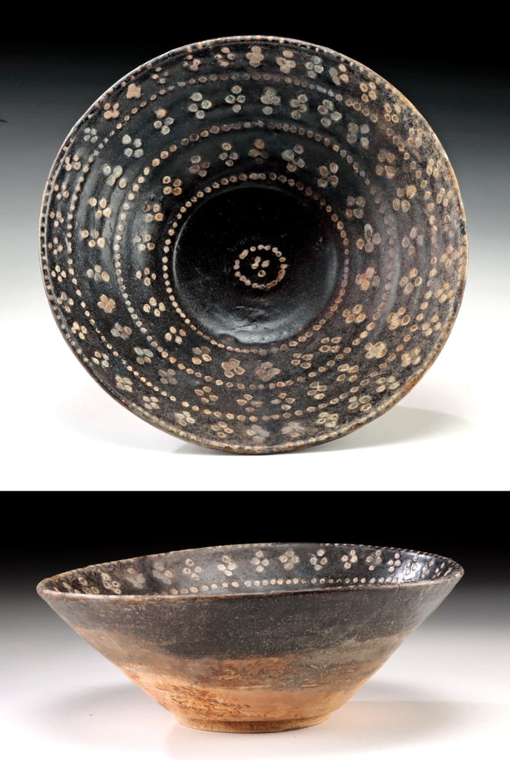 Nishapur / Samarqand Black-Glazed Bowl Dotted Rosettes: Central Asia, Persia (Iran) or Uzbekistan, Nishapur / Samarqand region, ca. 9th to 11th century CE. A flared ceramic bowl with black glaze and delicate white dotted designs arranged in floral and line