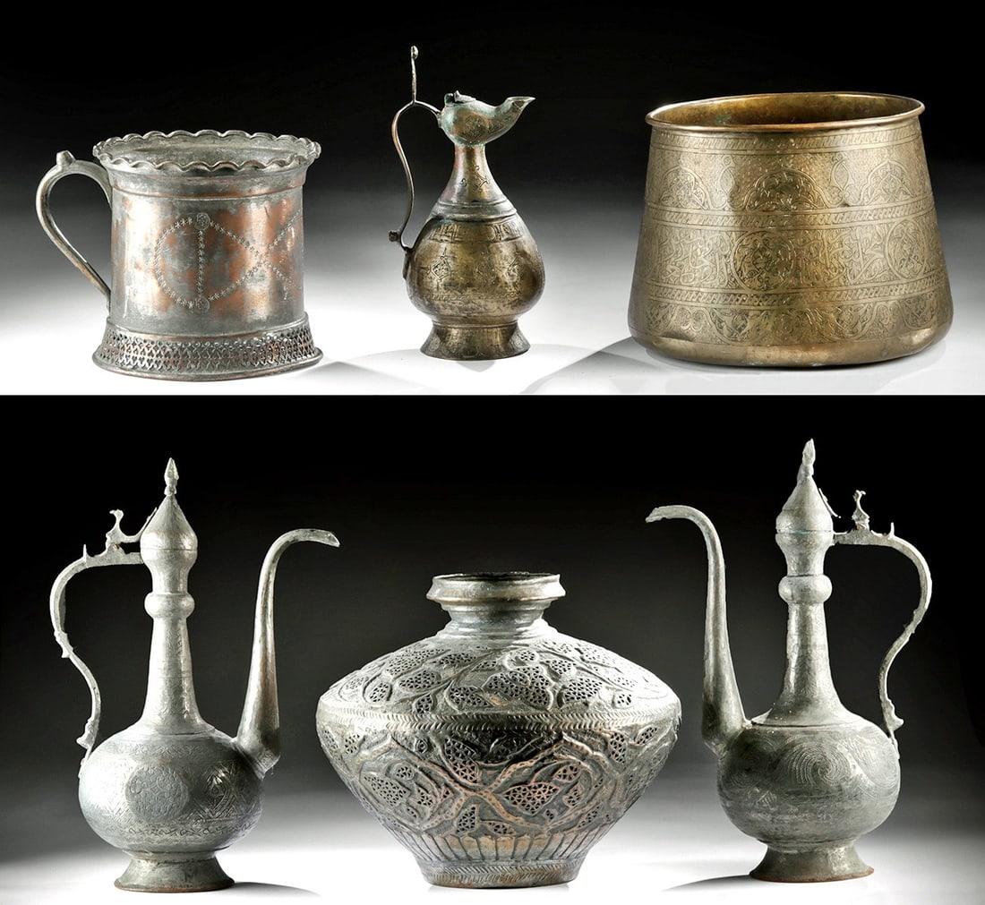 Six 19th C. Middle Eastern Brass Vessels: Middle East, ca. 19th century CE. A charming collection of six brass vessels, each decorated with ornate repousse forms - swirls, flowers, avian forms - aside from the largest vessel, which has an ope